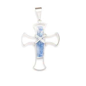 Silver Cross with Kyanite Chunk Fashion Necklace Pendant Chain Gemstone Jewelry